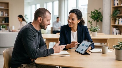 Fototapeta premium Professional workplace collaboration concept, subject focus: professional individual interacting with product, action: collaborating on task with natural gestures, perfect for branding and marketing.