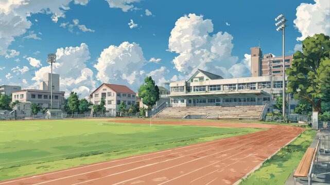 Anime style art illustration of a school track and field with a college building and stadium bleachers. Campus sports facility for athletic training.