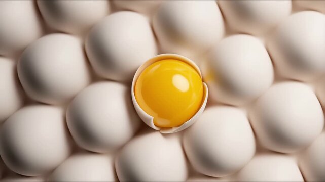 Top-down view of tightly packed white eggs; one at the center is cracked, exposing a glossy golden yolk. Soft light and minimal framing emphasize contrast in texture and color.