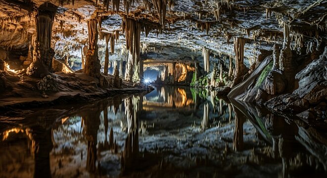 Stunning cave interior with calm water reflecting ancient stalactites and stalagmites