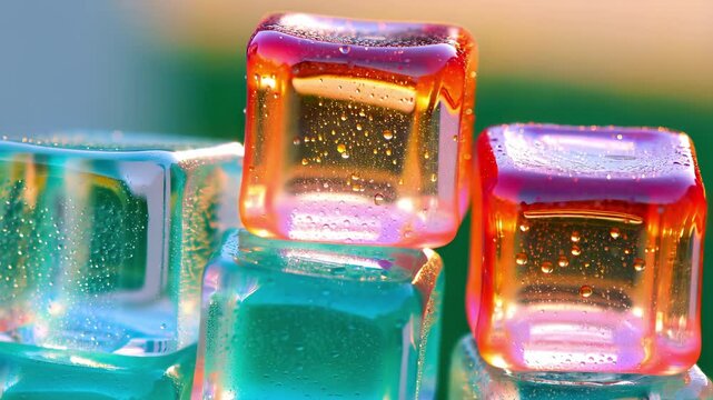 Translucent ice-like cubes in vivid teal, orange, and pink stack in soft focus, tiny bubbles suspended inside as sunlight refracts through glossy edges, creating a luminous abstract scene.