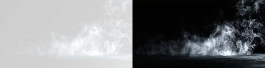 Fototapeta premium Abstract thick grey smoke cloud on white background. Dynamic flowing mist and fog texture with elegant swirl. Minimalist atmospheric vapor for creative graphic design and copy space overlay fog or gas