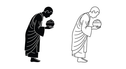 Two monks bowing with offering bowls a striking black silhouette © MdAbulBasher