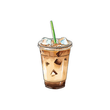 An iced coffee with milk in a cup with a green straw watercolor vector illustration, whitebackground
