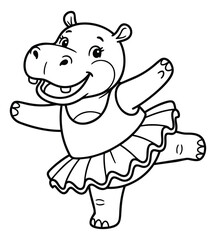 Obraz premium Cartoon illustration of hippo ballerina depicting dancing pose for children coloring book design