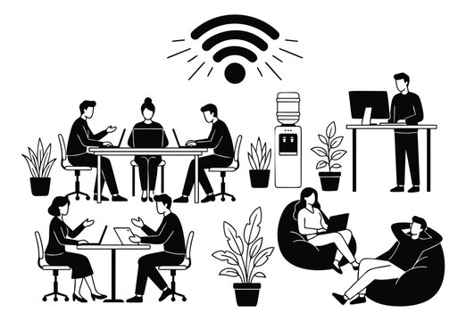Line art illustration of modern office workspace depicting coworking environment with wifi connectivity for business design