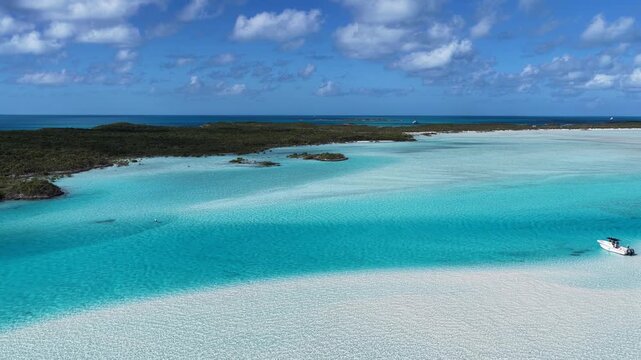 Exuma Skyline In Exuma Islands Black Point Bahamas. Aerial View Of Stunning Beach With Crystal Clear Waters. Coast Clouds Seaside Summertime. Remote Location Seaside Travel.