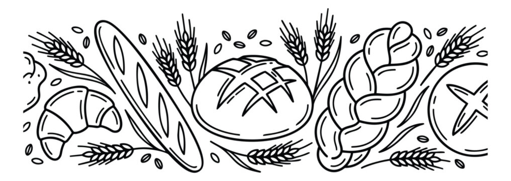 Engraving illustration of artisan bread and wheat border depicting bakery assortment for culinary design