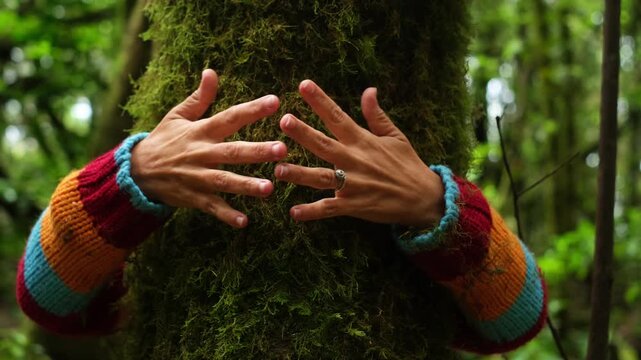 Couple embracing moss-covered tree trunk in lush forest, holding hands and sharing a moment of love and connection. Mindfulness and wellness experience emphasizing serenity, wellbeing, and nature ther