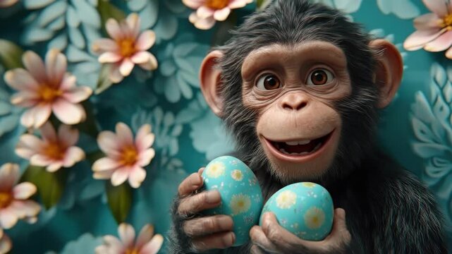 Cheerful cartoon chimpanzee holding easter eggs with floral background. Easter, Pascha, Paskha, Ostern, Pascua, Paques - Orthodox and Catholic Holiday celebration