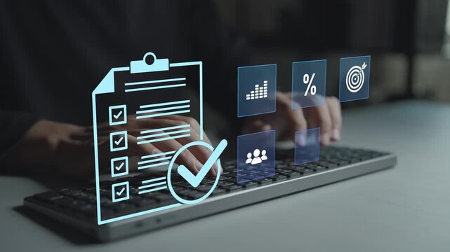 Corporate business assessment concept. Person typing keyboard with data analysis and report icons, company performance review, decision making and business strategy planning.