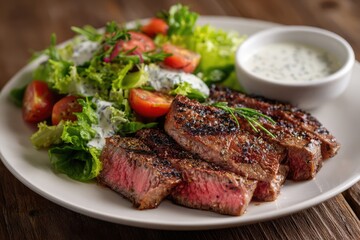 Delicious Grilled Steak with Fresh Salad and Creamy Sauce.
