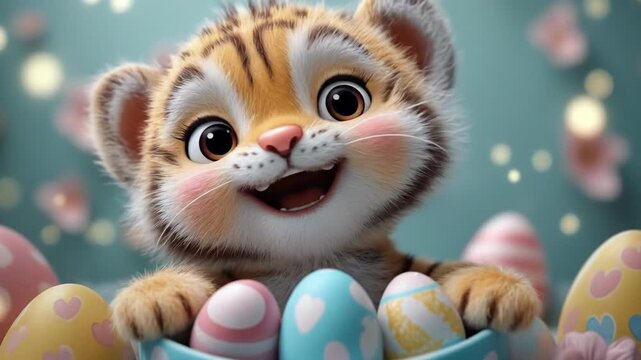 Adorable cartoon tiger cub with colorful easter eggs and blossoms. Easter, Pascha, Paskha, Ostern, Pascua, Paques - Orthodox and Catholic Holiday celebration