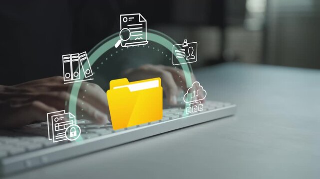 Digital document management system concept. Person typing keyboard with file sharing and cloud storage icons, document organization, secure data access and business administration.