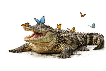 Fototapeta premium A crocodile with an open mouth and butterflies around.