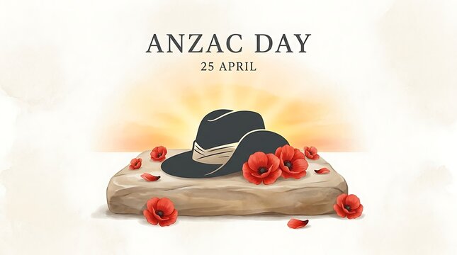 Watercolor Illustration of Military Slouch Hat on Stone with Red Poppies for ANZAC Day 25 April.