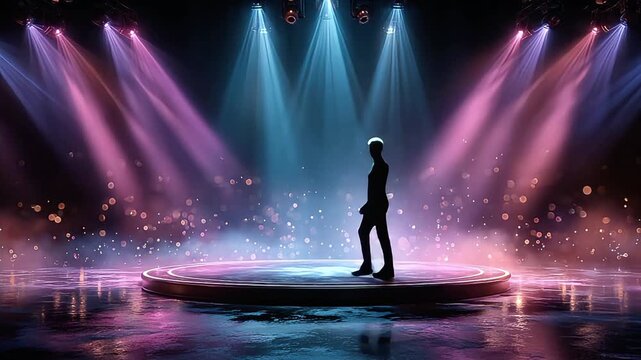 An atmospheric stage scene with vibrant blue and pink lighting creates a magical and captivating mood, ideal for promoting events and showcasing talen
