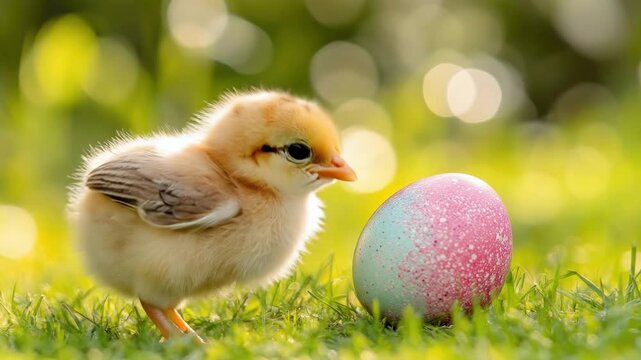 Fluffy chick and colorful easter egg on green grass in sunlight. Easter, Pascha, Paskha, Ostern, Pascua, Paques - Orthodox and Catholic Holiday celebration