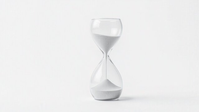 A transparent hourglass on a white background symbolizes the inexorable passage of time. The minimalist composition is suitable for the concepts of urgency and deadlines.