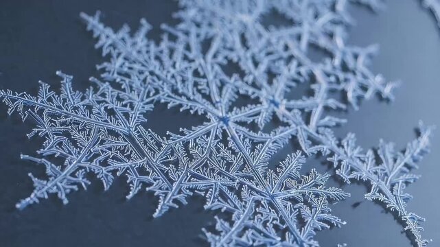 A macro shot captures a delicate snowflake resting on glass; icy dendritic arms branch into feathery patterns, glistening pale blue against a soft gray background as the camera slowly pans.