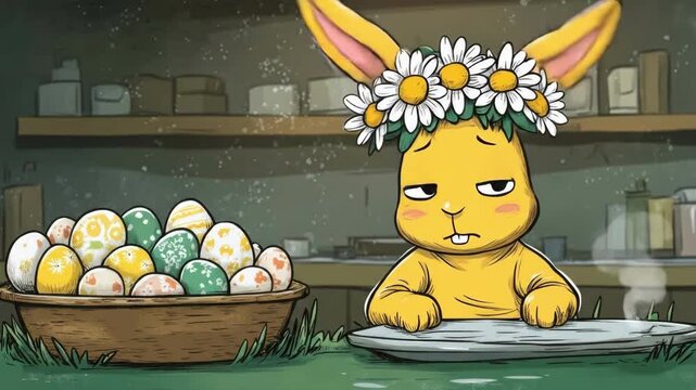 Cute cartoon bunny with daisy crown and colorful easter eggs in basket. Easter, Pascha, Paskha, Ostern, Pascua, Paques - Orthodox and Catholic Holiday celebration
