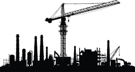 Industrial construction site silhouette with heavy machinery, tower crane, factory chimneys, excavators, and building scaffolding for urban development and civil engineering project background © Md Joni Islam