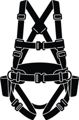 Fototapeta premium Two black safety harness silhouettes isolated on white background, professional fall protection equipment for construction, climbing, industrial work, roofing, and height safety projects