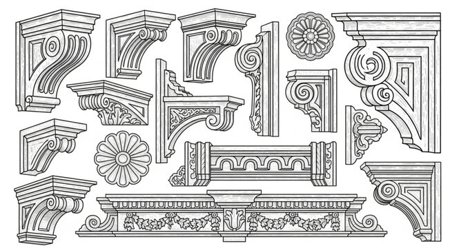 Collection of ornate architectural decorative elements and brackets.