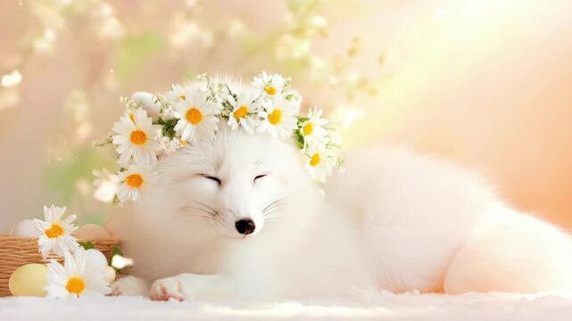 Relaxed white fox with daisy crown in a sunny spring setting. Easter, Pascha, Paskha, Ostern, Pascua, Paques - Orthodox and Catholic Holiday celebration
