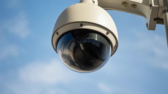 A close-up of a white security camera with a clear dome lens