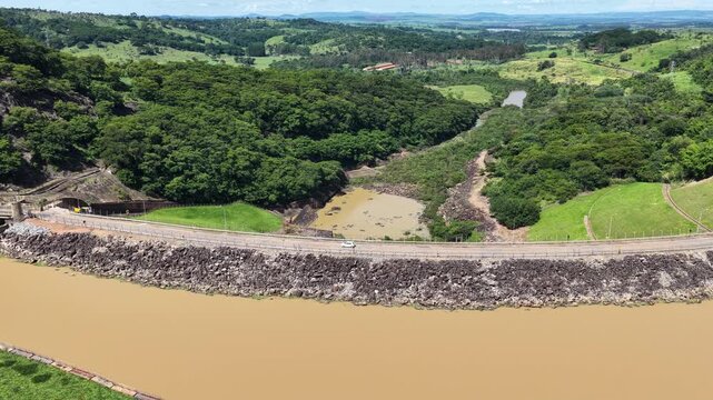 Euclides Da Cunha Hydroelectric In Sao Jose Do Rio Pardo Sao Paulo Brazil. Drone Capturing The Hydroelectric Producing Clean Energy. Idyllic Falls Powerful Waterfalls Amazing.