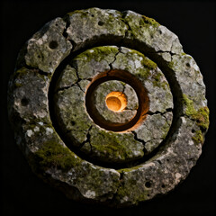 Ancient Stone Spiral Symbol with Green Moss and Glowing Center Mystery Archeology Concept