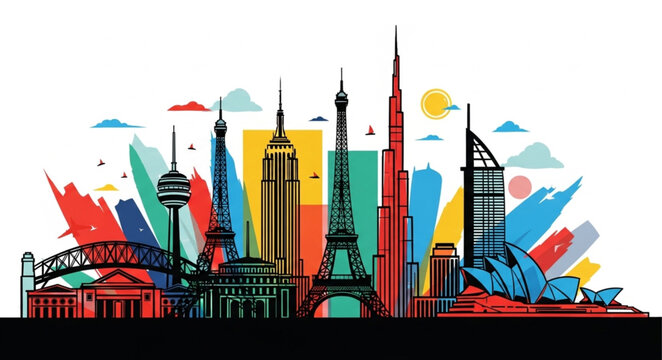 Colorful Skyline of Famous World Landmarks Illustration.