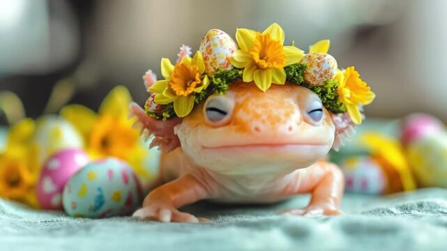 Gecko wearing flower hat with colorful easter eggs and daffodils. Easter, Pascha, Paskha, Ostern, Pascua, Paques - Orthodox and Catholic Holiday celebration