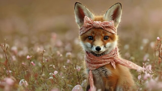 Adorable fox cub with scarf and bow in flower field. Easter, Pascha, Paskha, Ostern, Pascua, Paques - Orthodox and Catholic Holiday celebration