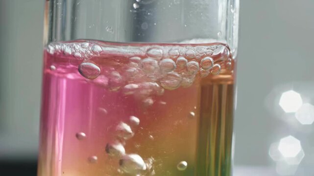 Color changing chemical solution reacting in laboratory glass beaker with bubbles forming, scientific experiment scene illustrating chemistry research, analysis, education, and laboratory testing.