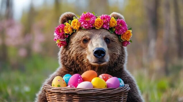 Bear wearing flower crown holding easter egg basket in colorful spring meadow. Easter, Pascha, Paskha, Ostern, Pascua, Paques - Orthodox and Catholic Holiday celebration