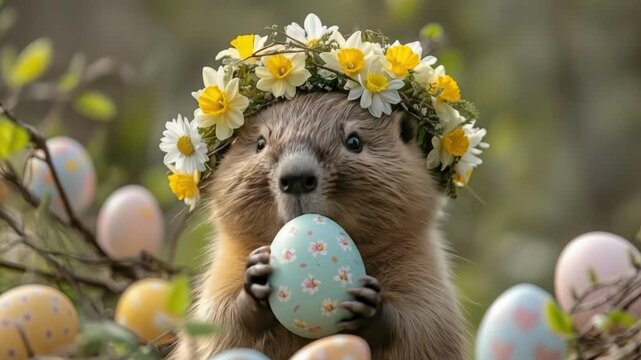 Adorable groundhog with floral crown and easter eggs celebrates springtime cheer. Easter, Pascha, Paskha, Ostern, Pascua, Paques - Orthodox and Catholic Holiday celebration