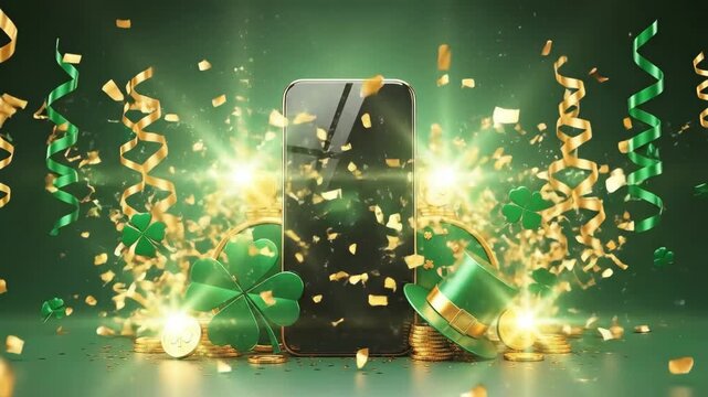 Black smartphone with St. Patricks Day design and flying gold confetti. Online celebration, digital greeting, and lucky jackpot concept.