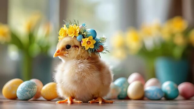 Adorable baby chick with floral crown surrounded by colorful easter eggs in spring setting. Easter, Pascha, Paskha, Ostern, Pascua, Paques - Orthodox and Catholic Holiday celebration