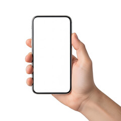 Hand holding a smartphone with a blank screen