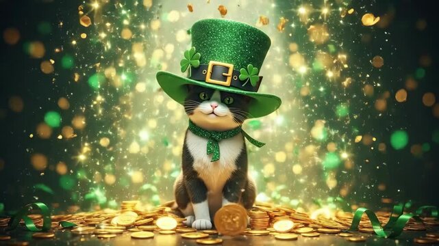 Cute black and white cat wearing green St. Patricks hat and scarf. Adorable animal in a celebratory Irish setting with gold coins.