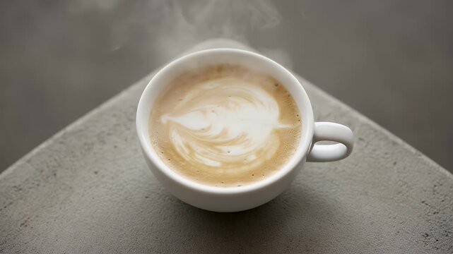 A steaming cup of coffee with latte art rests on a textured surface