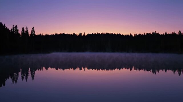 Pre-dawn violet light washes over a still lake, where a dark treeline forms a crisp silhouette and a thin veil of mist drifts above glassy water, mirroring the soft gradient of the waking sky.