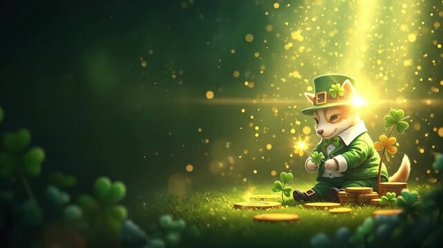 Cute cat in leprechaun hat and costume with shamrock and gold coins on green background. St. Patricks Day celebration graphic.