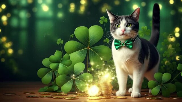 A cat wearing a green bow tie with shamrocks and gold coins. St. Patricks Day celebration and good luck concept for holiday design.