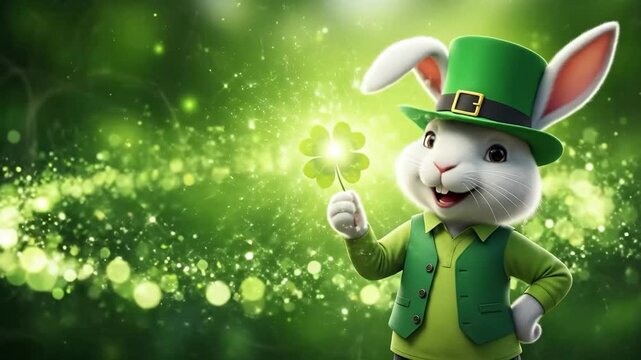 Cute rabbit character in green leprechaun hat holding a four-leaf clover for St. Patricks Day celebration. Festive animal for greeting card.