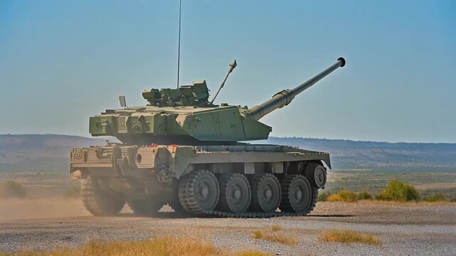 Wheeled armored tank moving across dusty desert road.