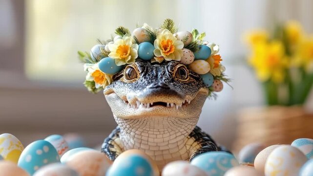 Baby alligator wearing floral crown surrounded by colorful easter eggs in sunny room. Easter, Pascha, Paskha, Ostern, Pascua, Paques - Orthodox and Catholic Holiday celebration