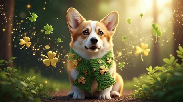 Cute corgi dog wearing green scarf with shamrock pattern. St. Patricks Day celebration with adorable pet animal. Lucky charm for holiday.